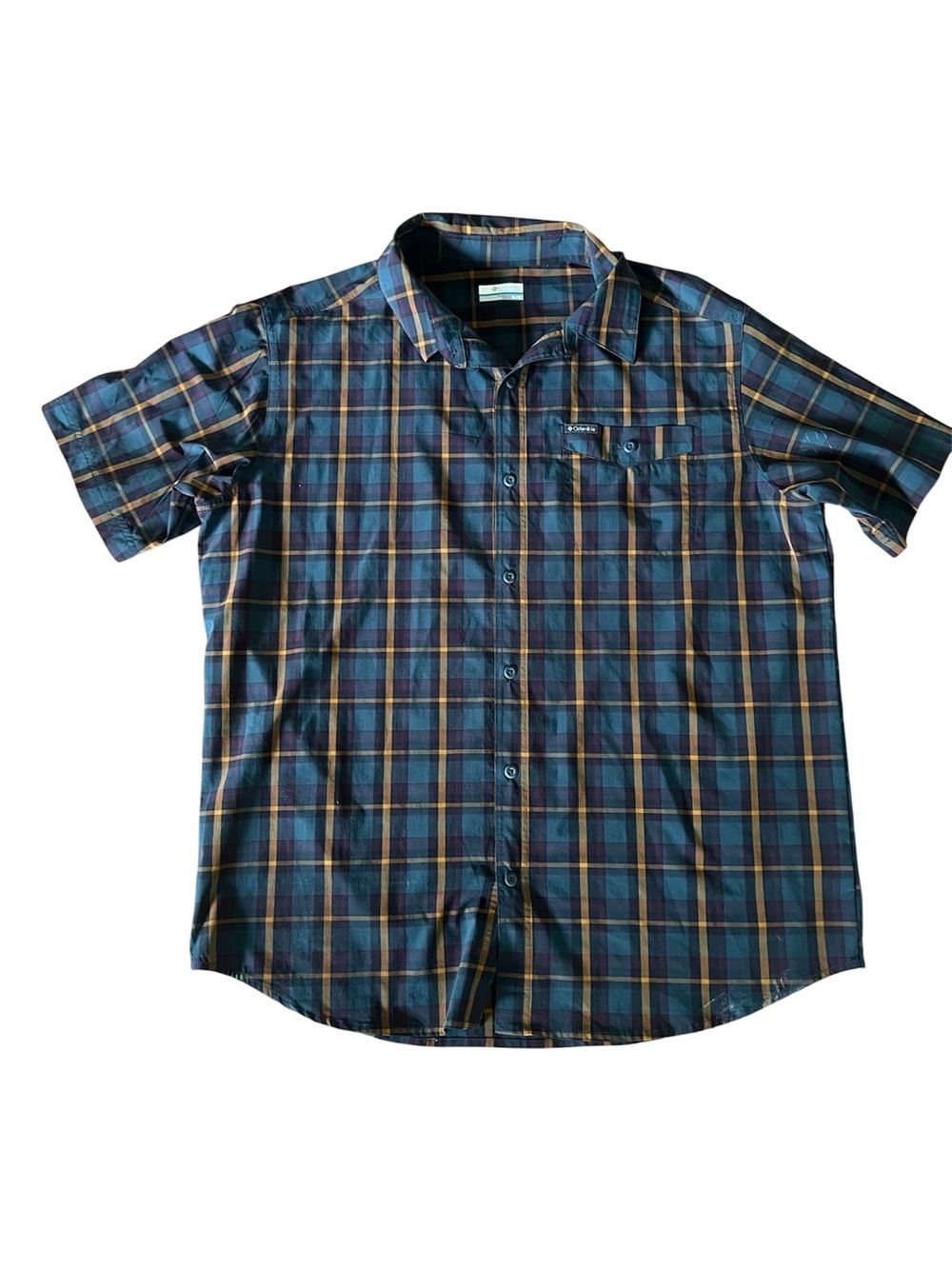 Columbia Men's Navy and Teal Plaid Short Sleeve Button-Down Shirt